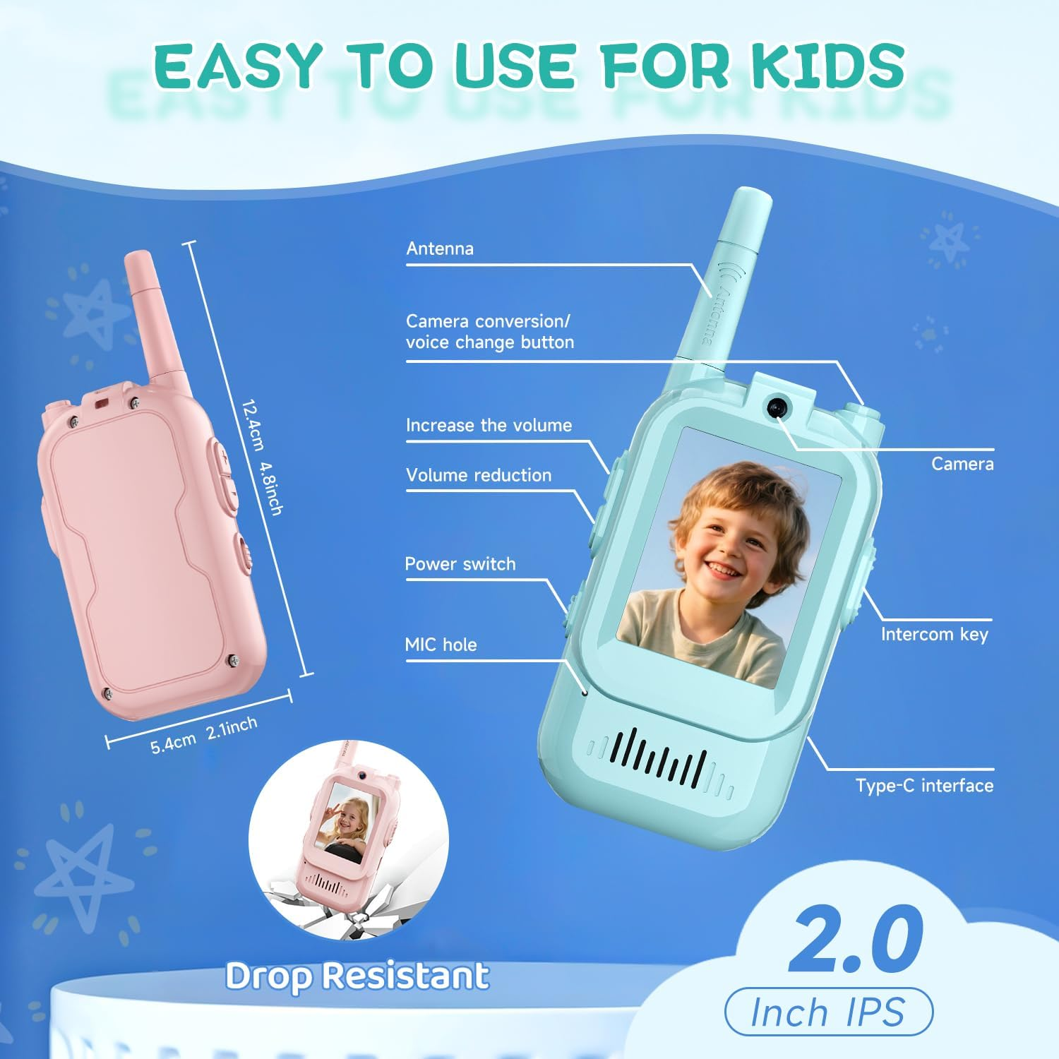 Zwei Walkie-Talkies: eins rosa, eins blau, mit Bildschirm, der ein lachendes Kind zeigt.