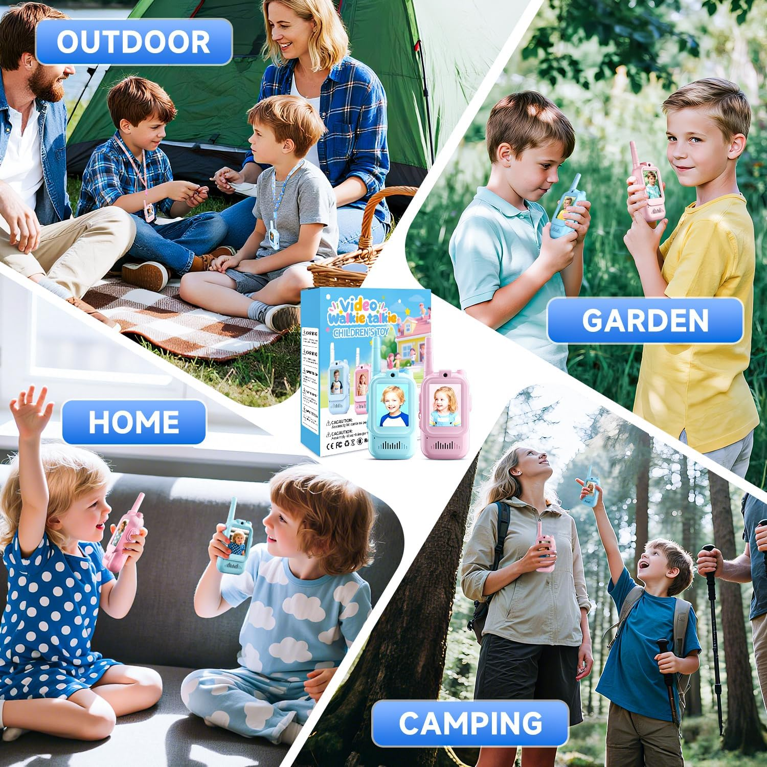 Familien beim Camping, im Garten, zu Hause und draußen mit Walkie-Talkies.