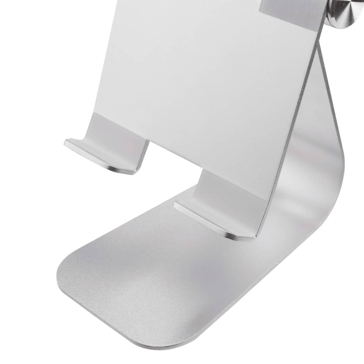 Ein silberner Handyhalter aus Metall mit einer flachen Basis und verstellbarem Winkel.