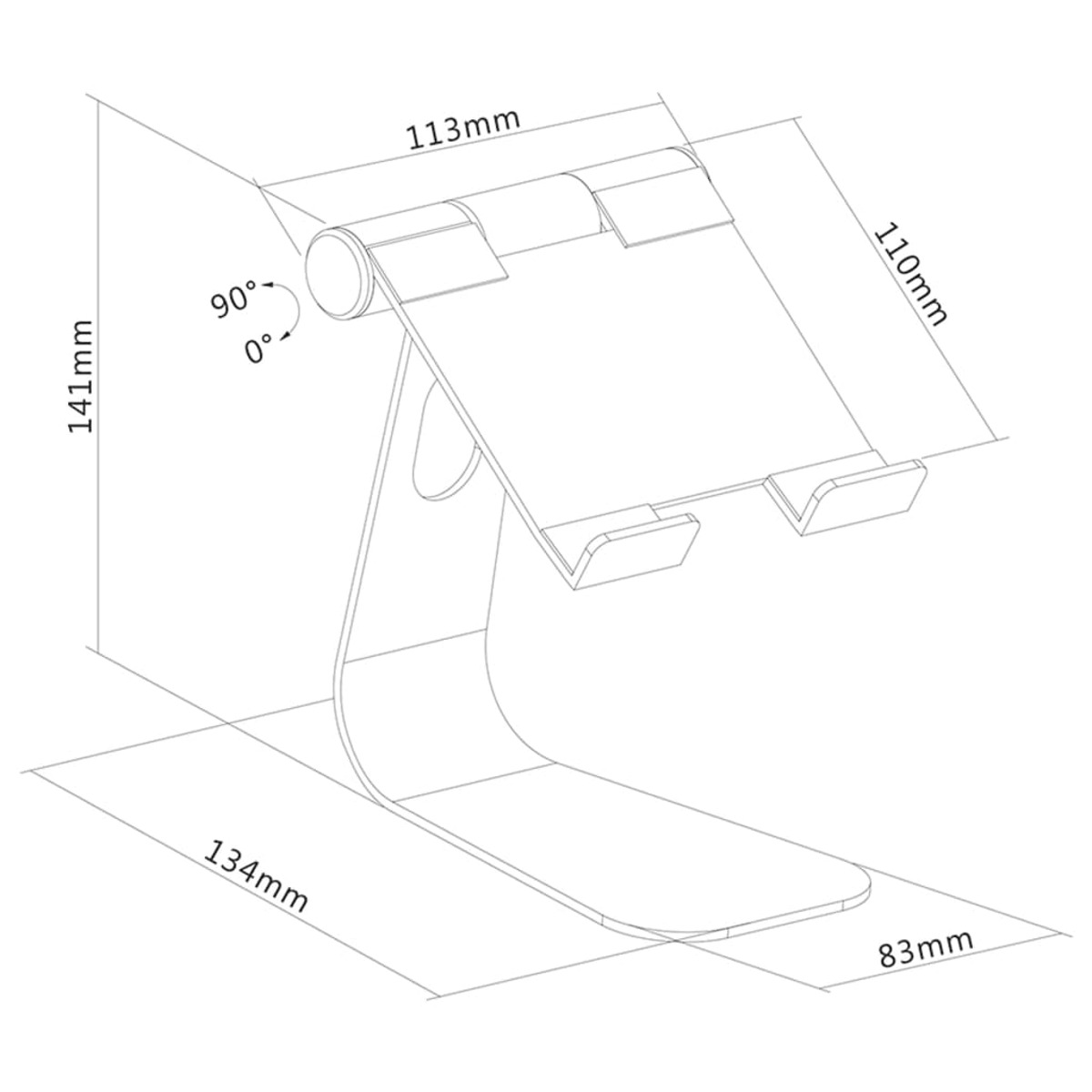Ein weißer Ständer für ein Telefon oder Tablet mit Maßen.