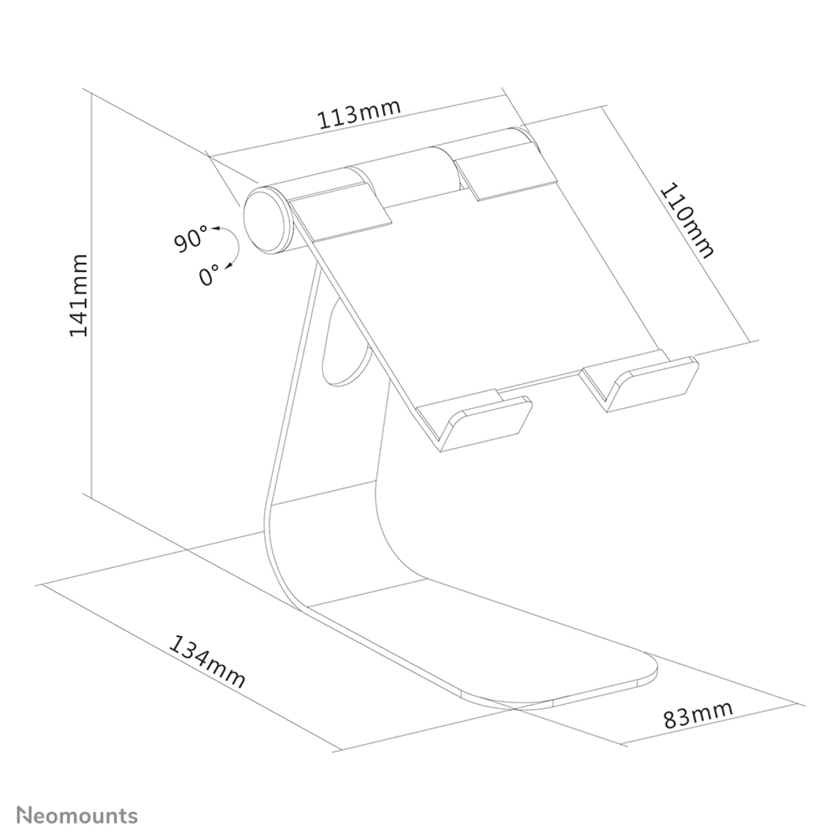 Zeichnung eines Tablet-Ständers mit Maßen. Gesamthöhe 141 mm, Breite 113 mm.