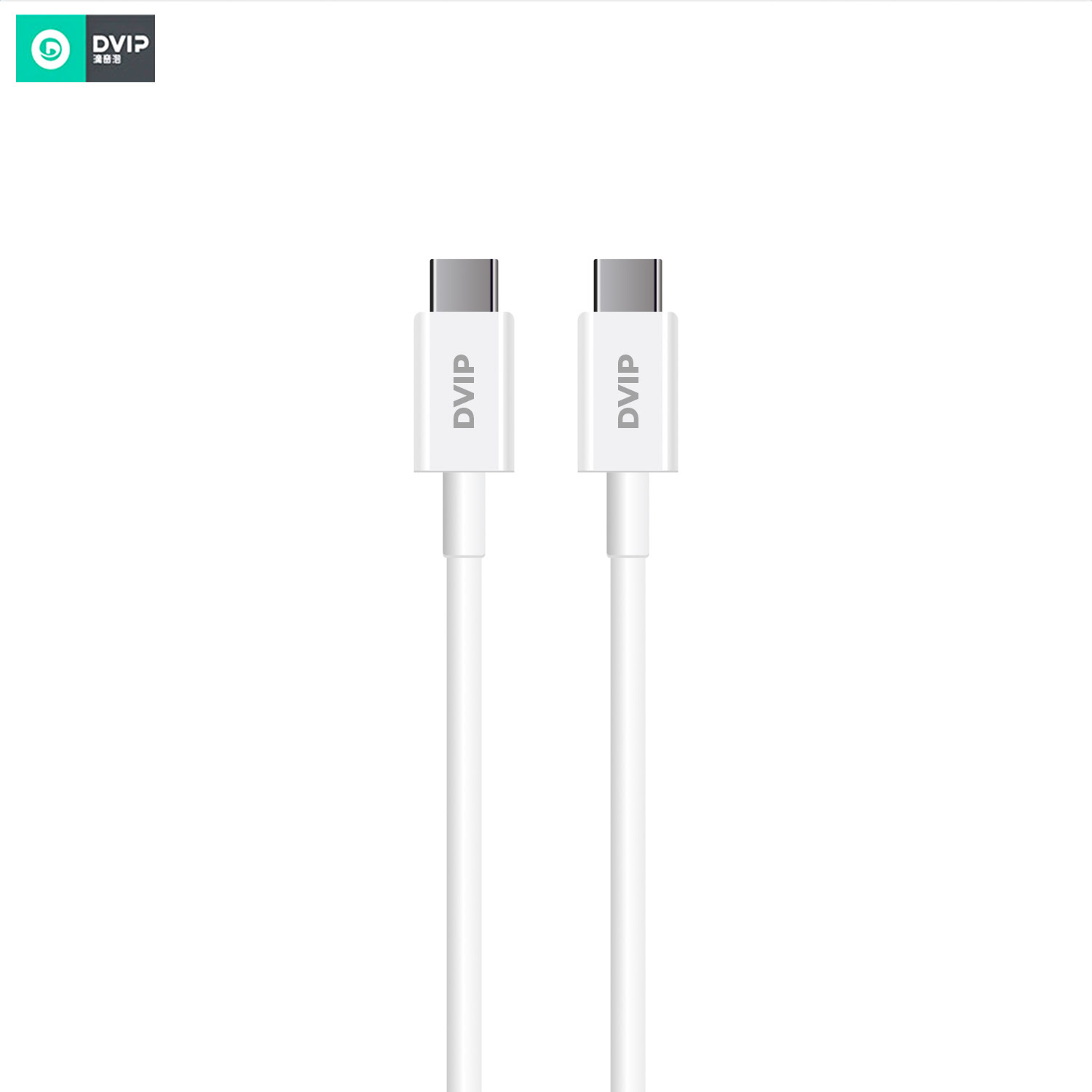 Gümüş konnektörlü, üzerinde "DVIP" yazan iki beyaz USB-C kablosu.