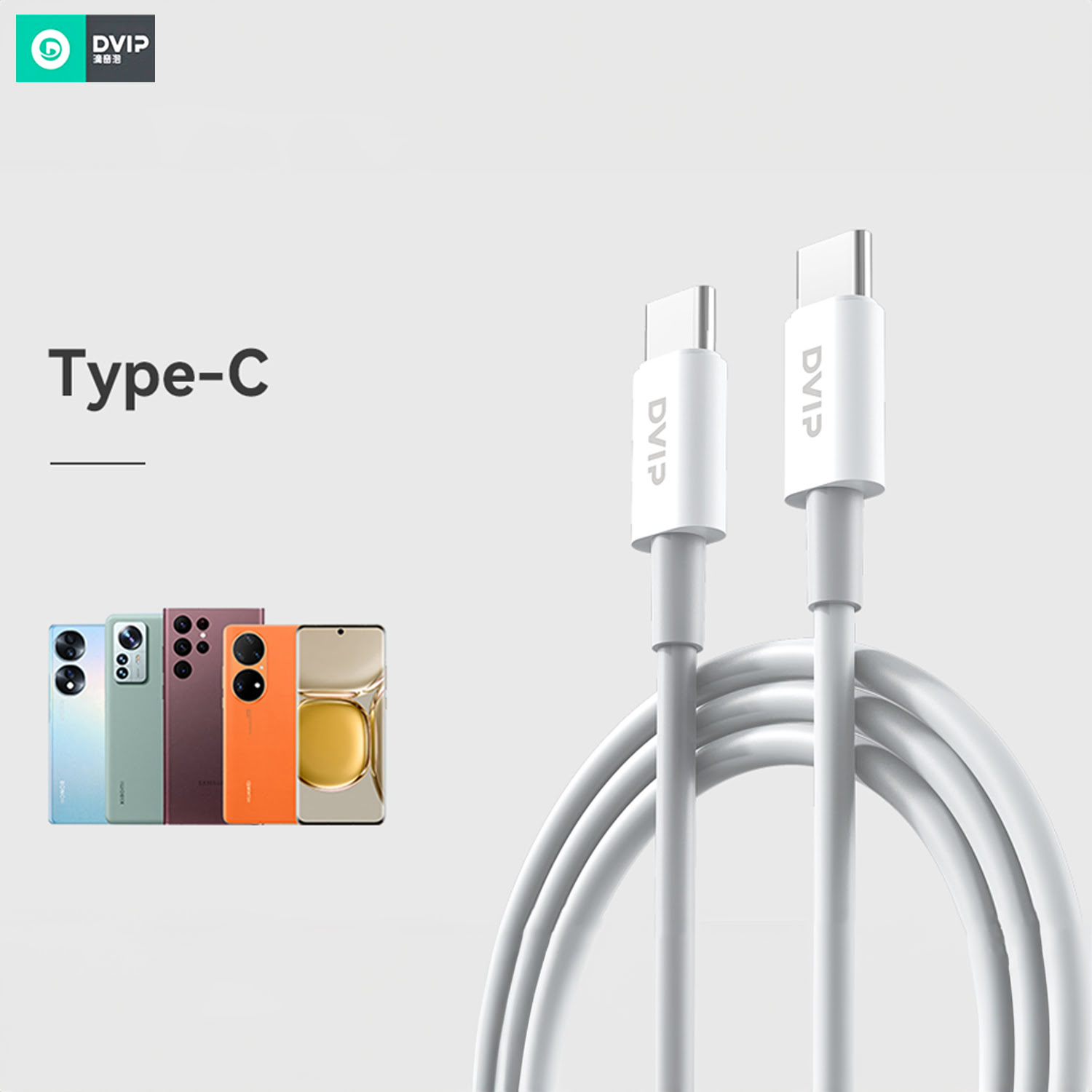 İki beyaz Tip-C kablo ve çeşitli renklerde dört akıllı telefon.