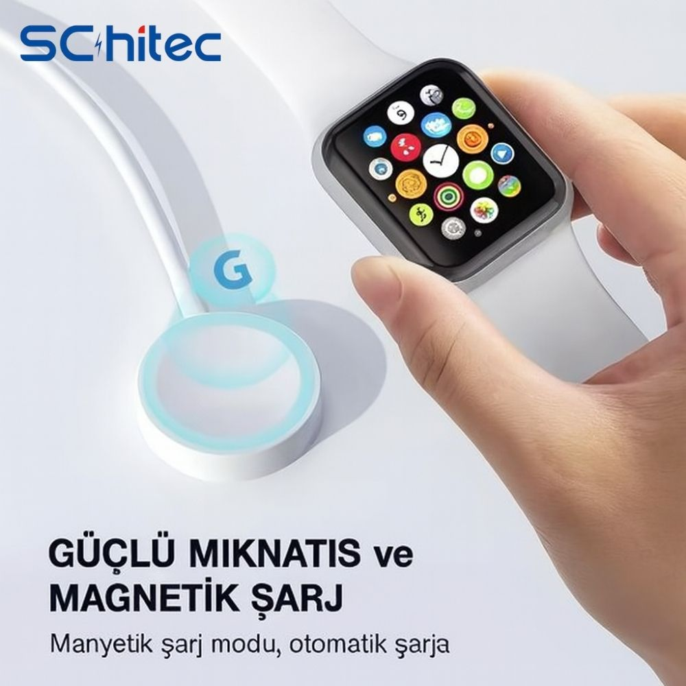Bir el, uygulama simgeleri olan beyaz bir akıllı saat tutuyor. Beyaz bir şarj cihazı yakında.
