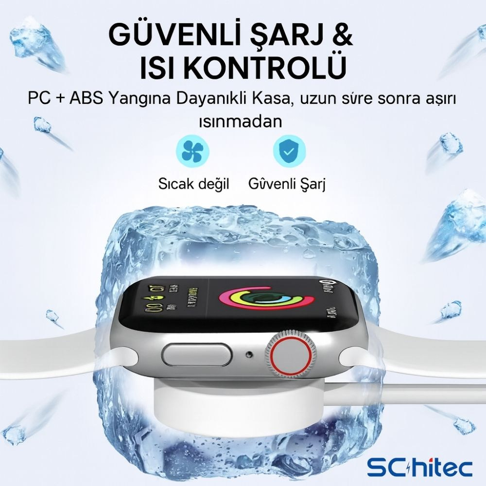 Akıllı saat güvenli şarj oluyor, soğutma ve ısı koruma sembolleri mevcut.