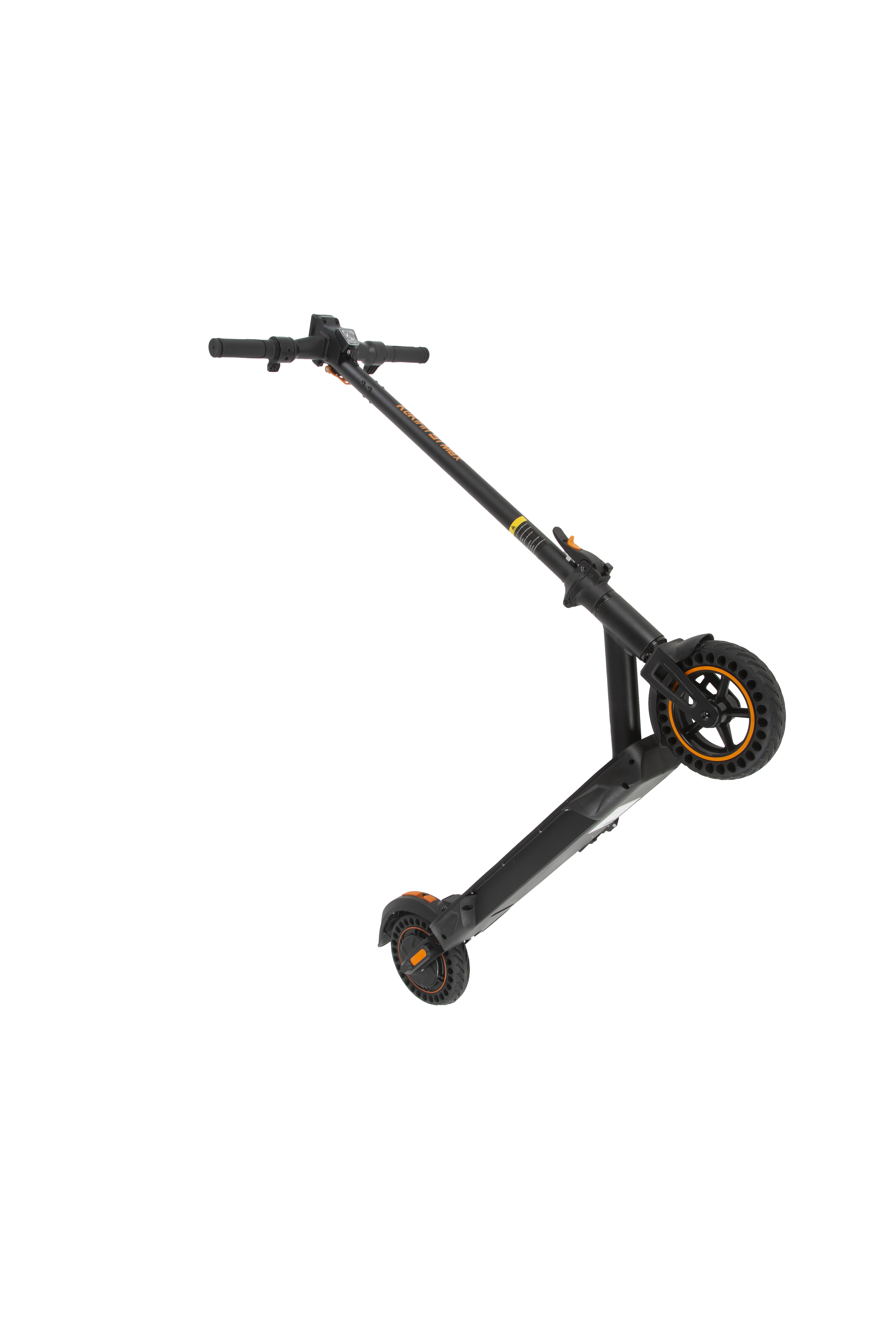 Monopattino elettrico nero con accenti arancioni su sfondo bianco.