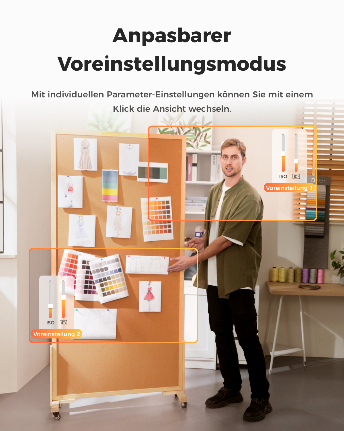 Mann steht vor einer Pinnwand mit Modezeichnungen und Farbpaletten. Zwei orangene Rahmen heben Einstellungen hervor.
