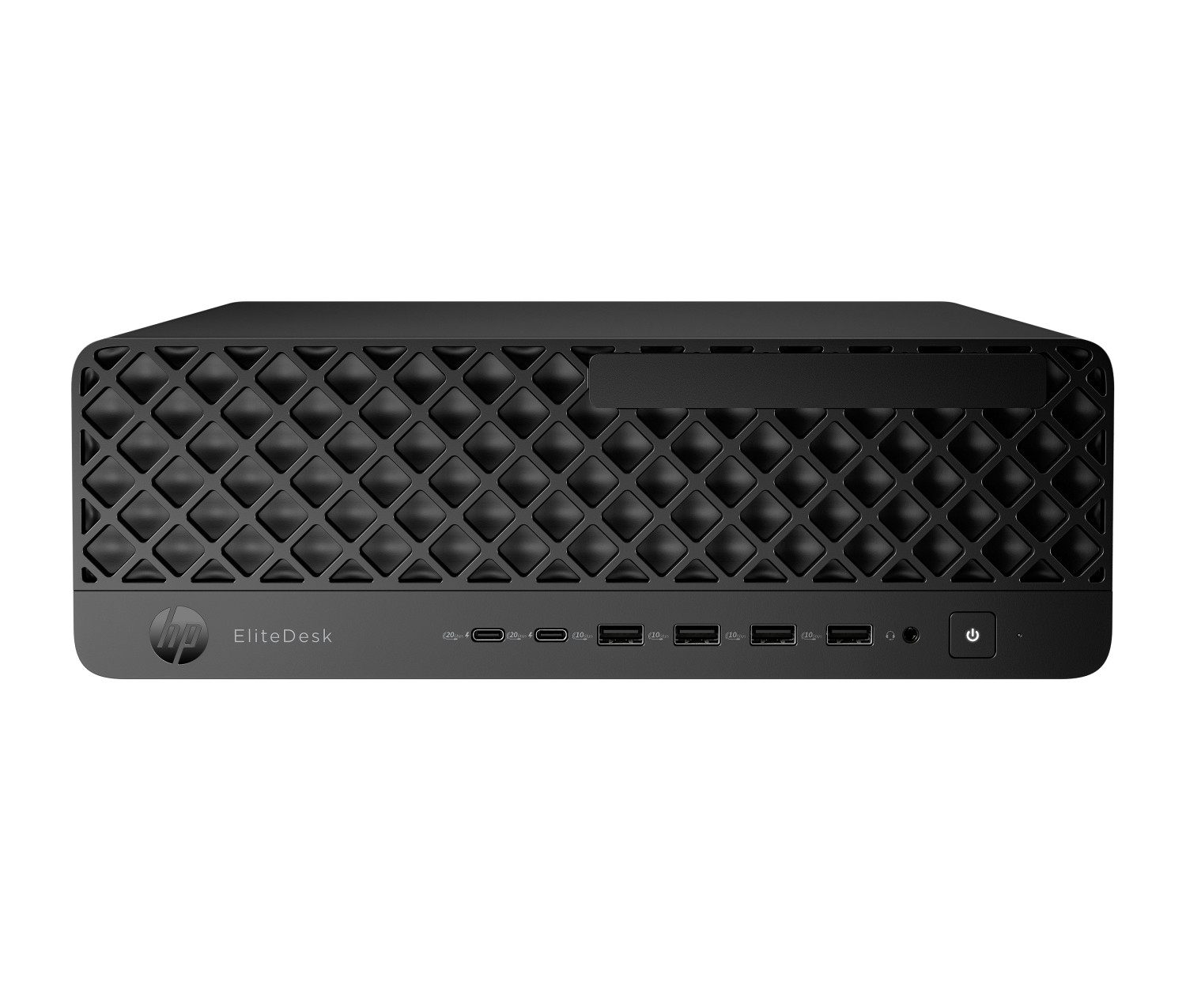 Computer HP EliteDesk nero con pannello frontale a rombi e porte USB.