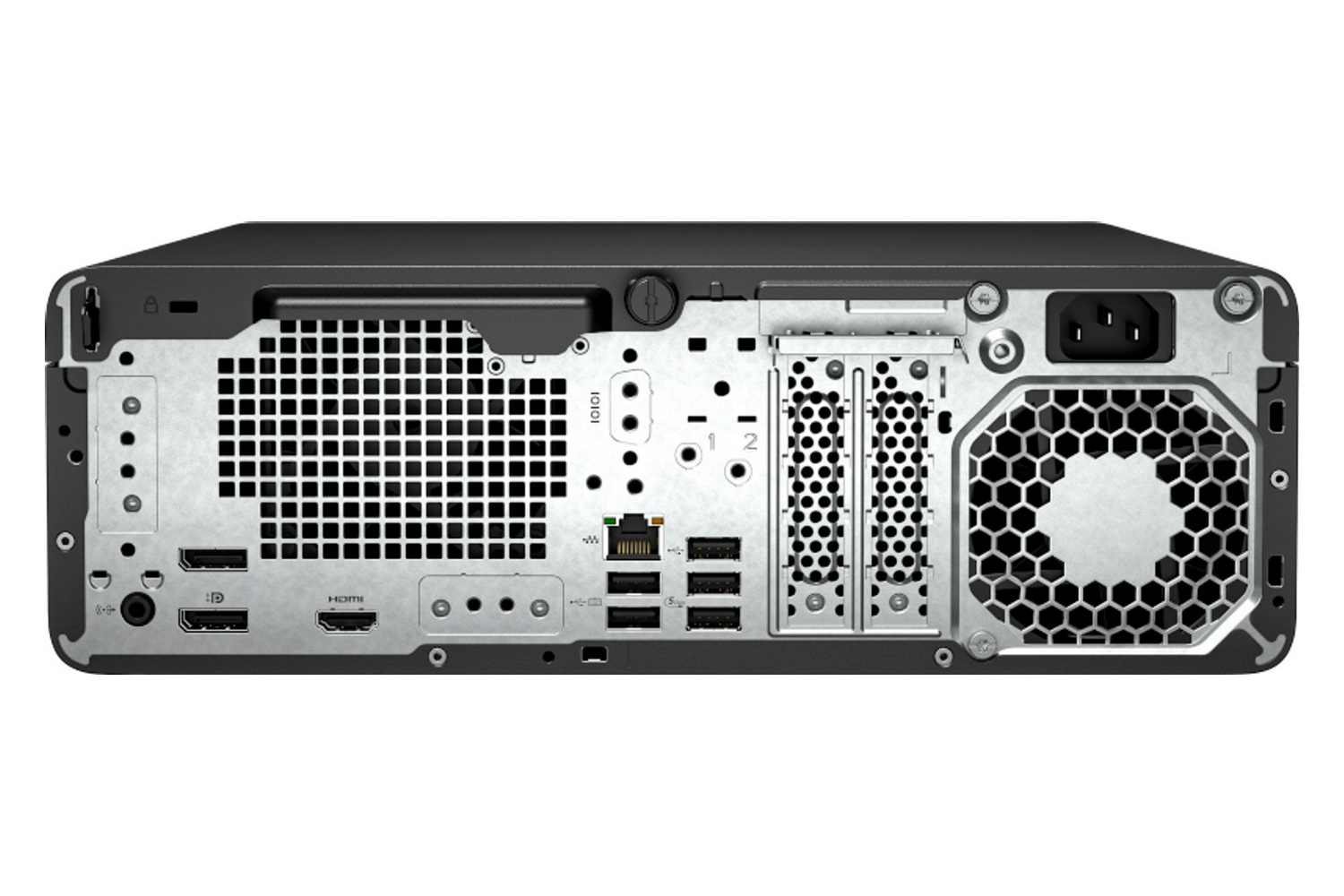 Retro PC nero con porte: USB, HDMI, alimentazione.
