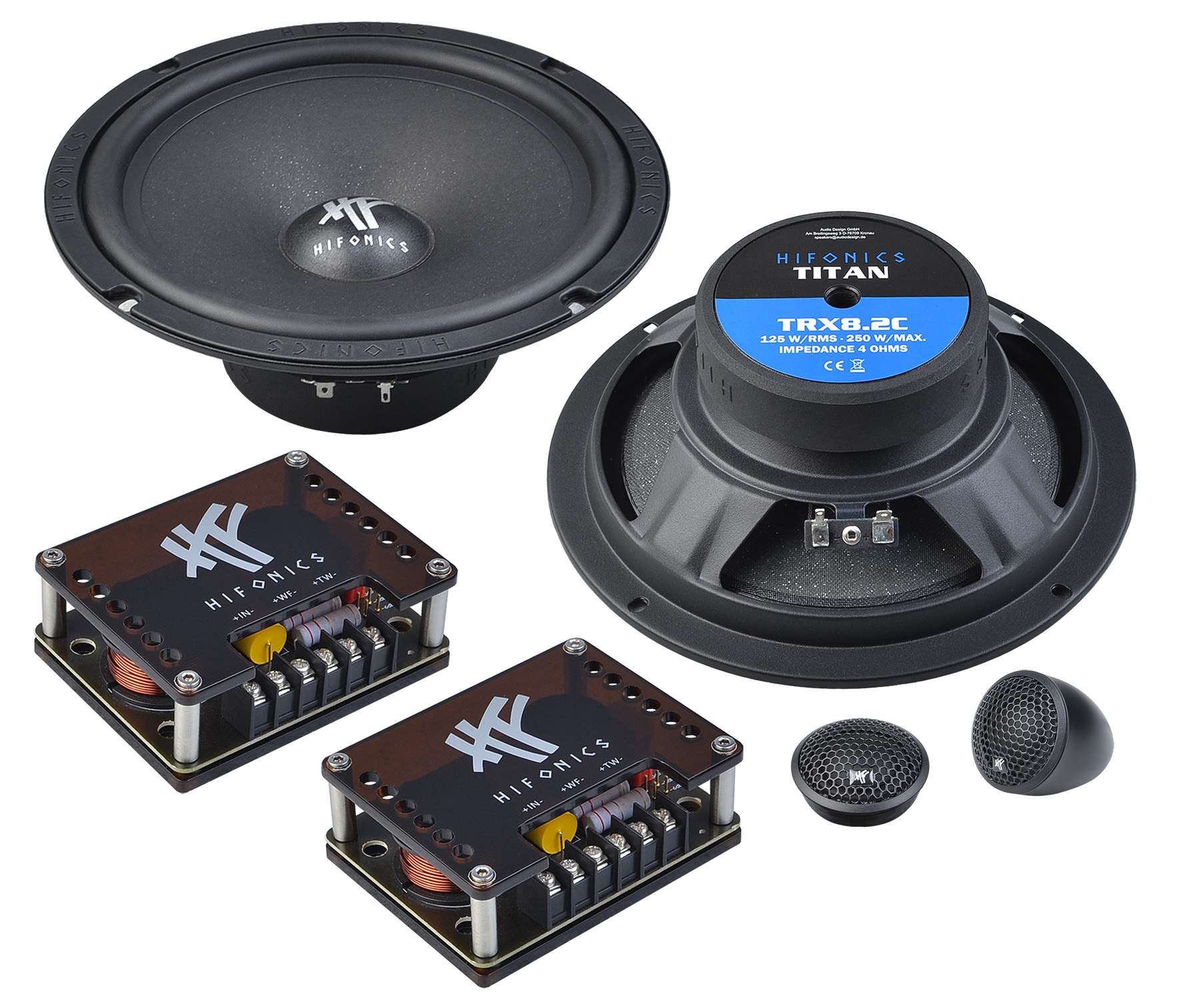 Hifonics Lautsprecher-Set: 2x Frequenzweichen, 2x Hochtöner, 1x 8-Zoll-Tieftöner.