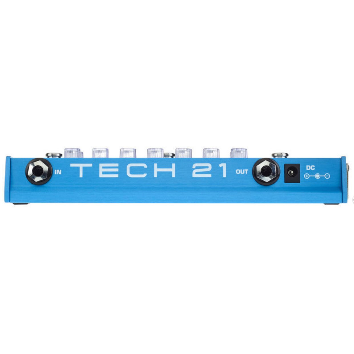 Mavi Tech 21 efekt pedalı, giriş/çıkış jakları ve DC güç girişi.
