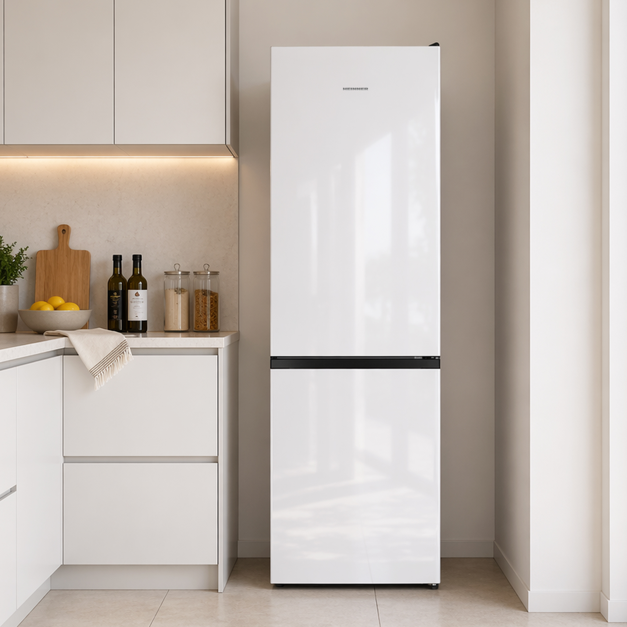Een witte koelkast in een moderne keuken naast keukenkastjes.