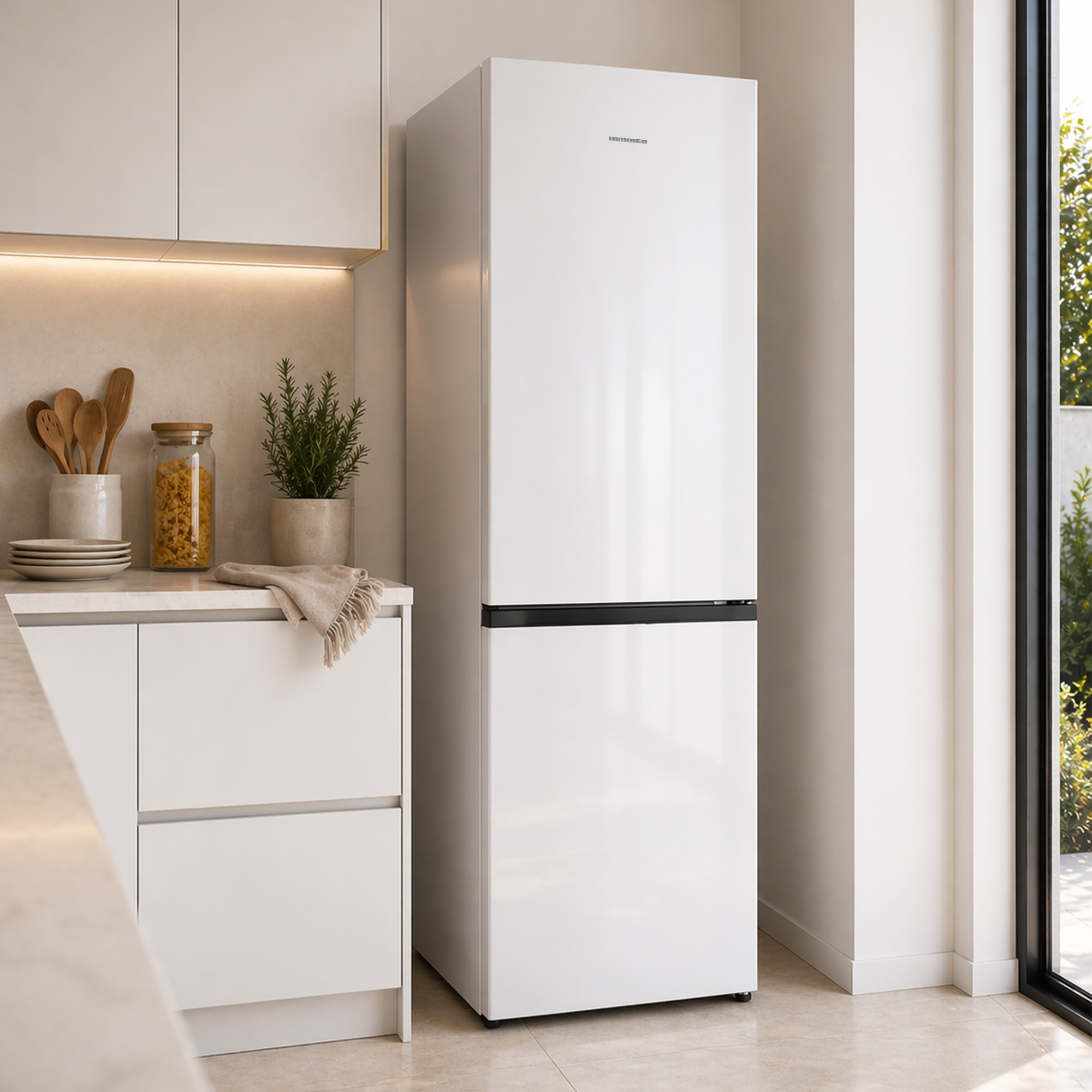 Een witte koelkast staat in een moderne keuken naast kasten met keukengerei.