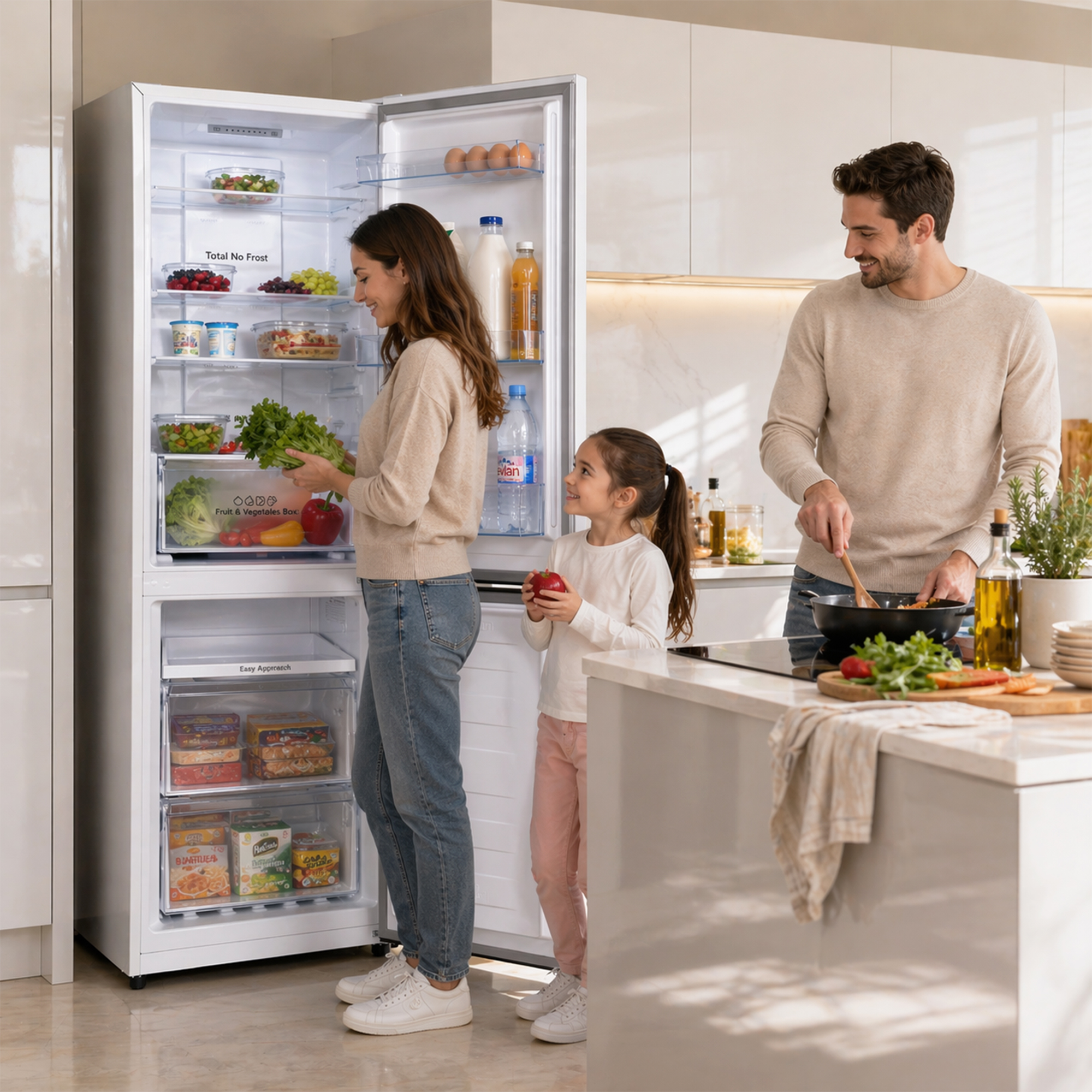 Een gezin kookt in een moderne keuken. De koelkast is open.
