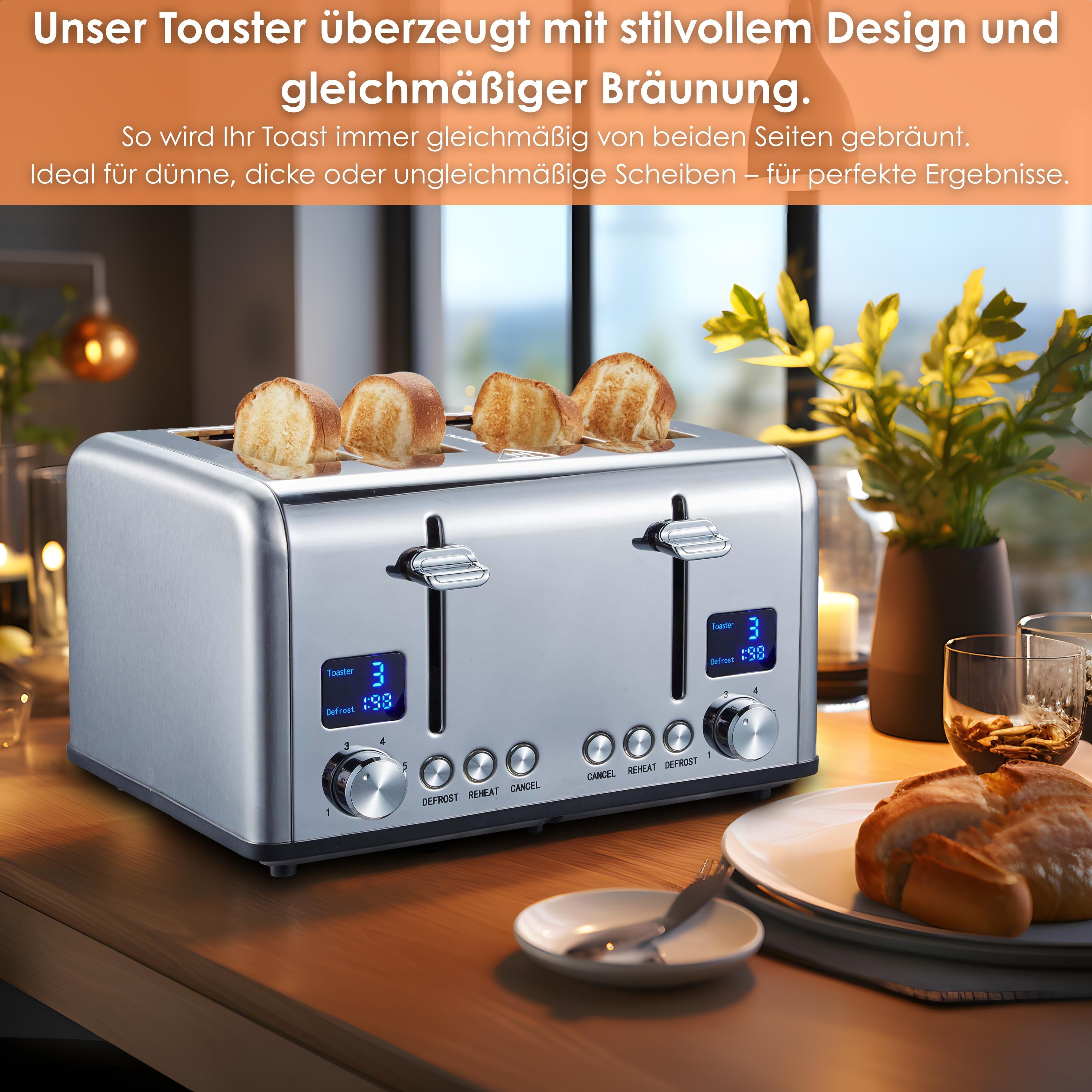 Ein silberner Toaster mit vier Toastscheiben und Bedienfeld.