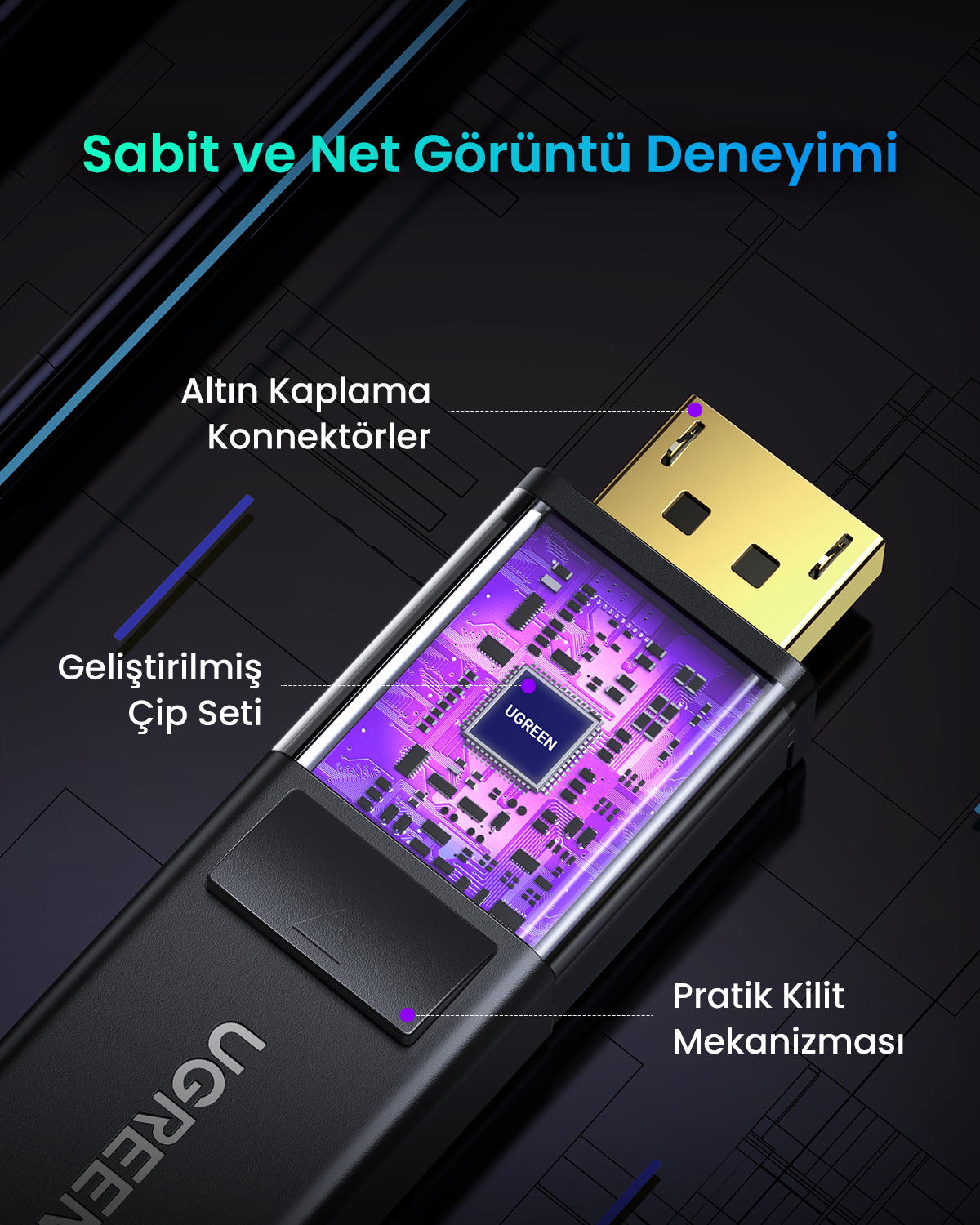 Altın konnektörlü siyah USB adaptörü, dahili bileşenleri gösteriyor.