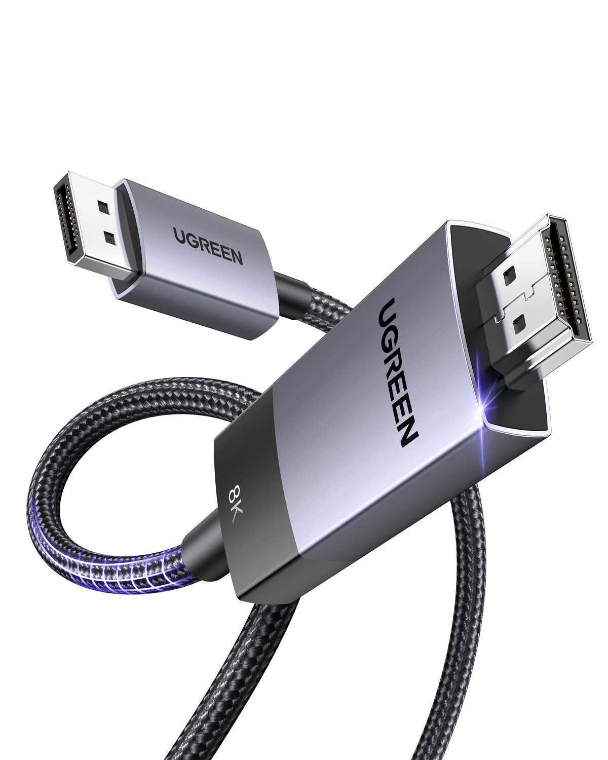 Gri konnektörlü ve 8K yazılı siyah UGREEN HDMI kablosu.