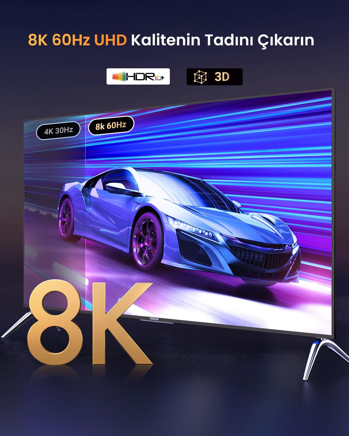 Canlı neon ışıklı pistte hızla giden şık mavi spor araba, 8K TV'de gösteriliyor.