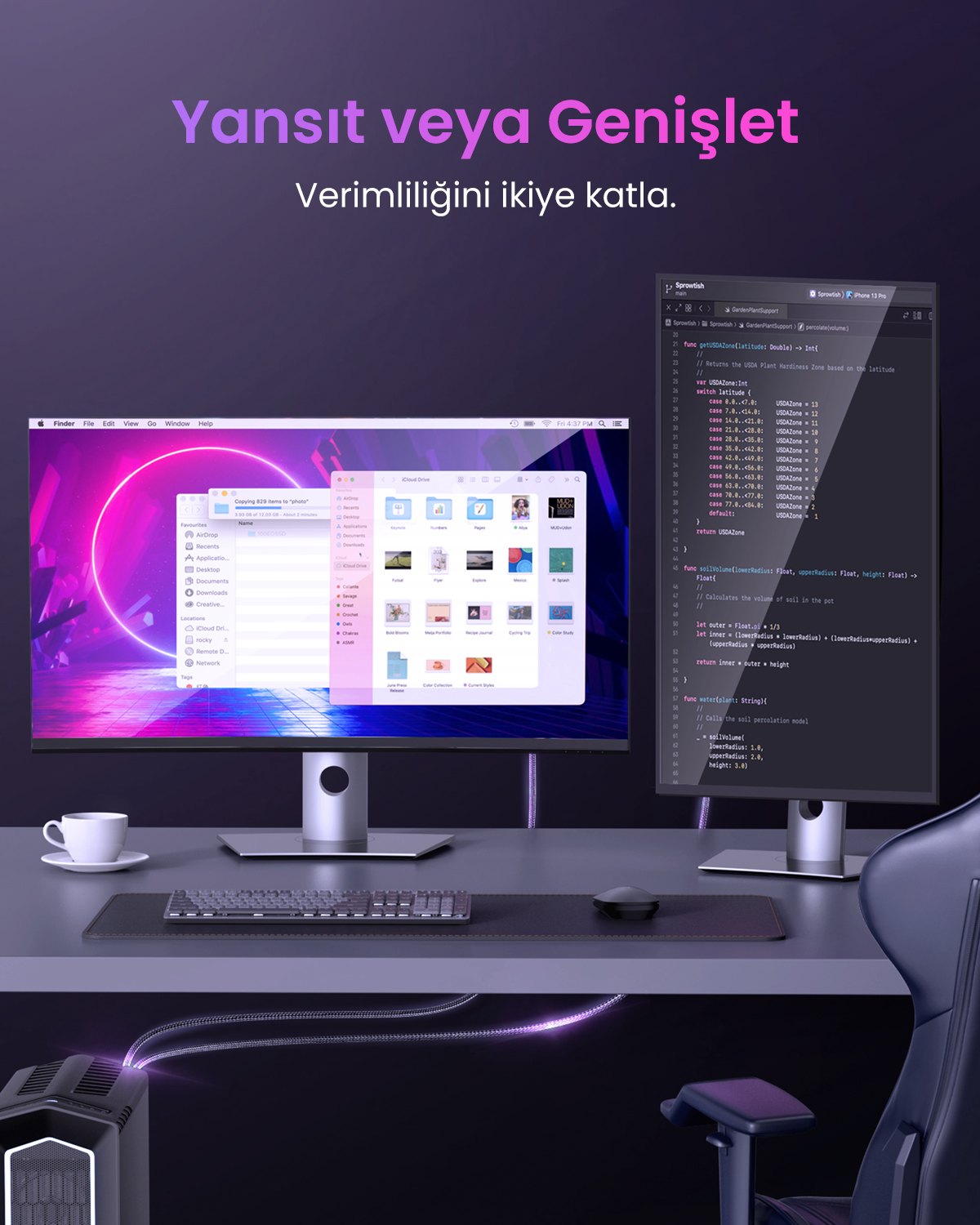 Çift monitör, klavye, fare, fincan ve bilgisayar kasası içeren bir masa kurulumu.