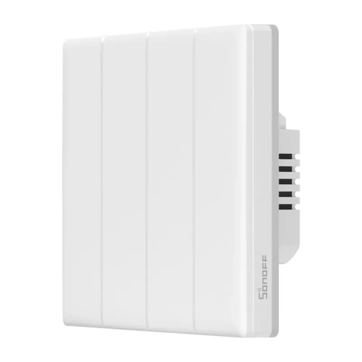 Białe urządzenie smart home z pionowymi liniami i logo Sonoff.