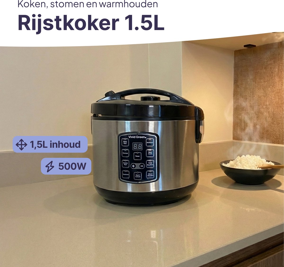 A silver rice cooker with a black lid sits on a counter. A bowl of rice is next to it.