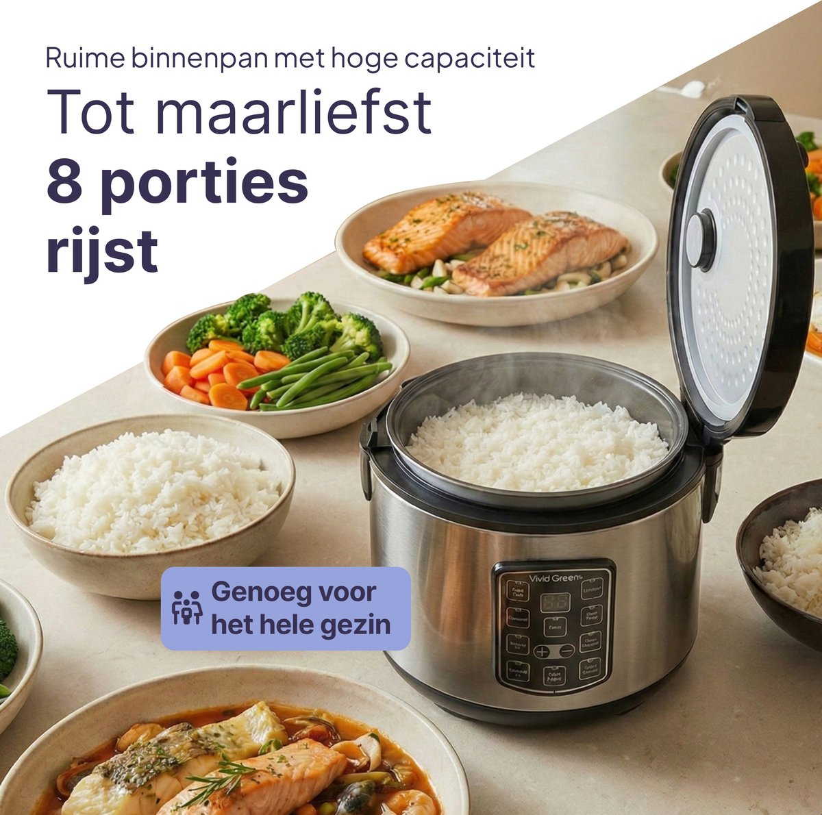 A rice cooker with cooked rice and servings of salmon and vegetables.