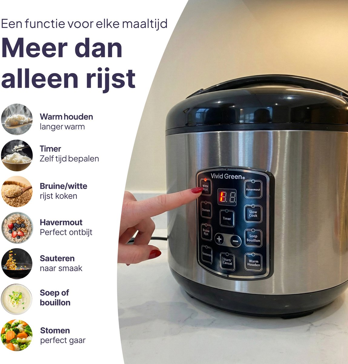 A rice cooker control panel is shown, with a hand pressing a button. Multiple functions are listed.