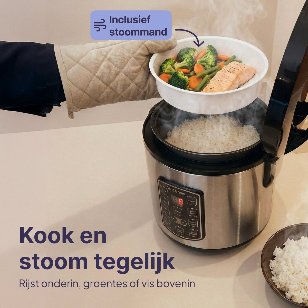 A person uses a steam cooker with rice below and vegetables and salmon above.