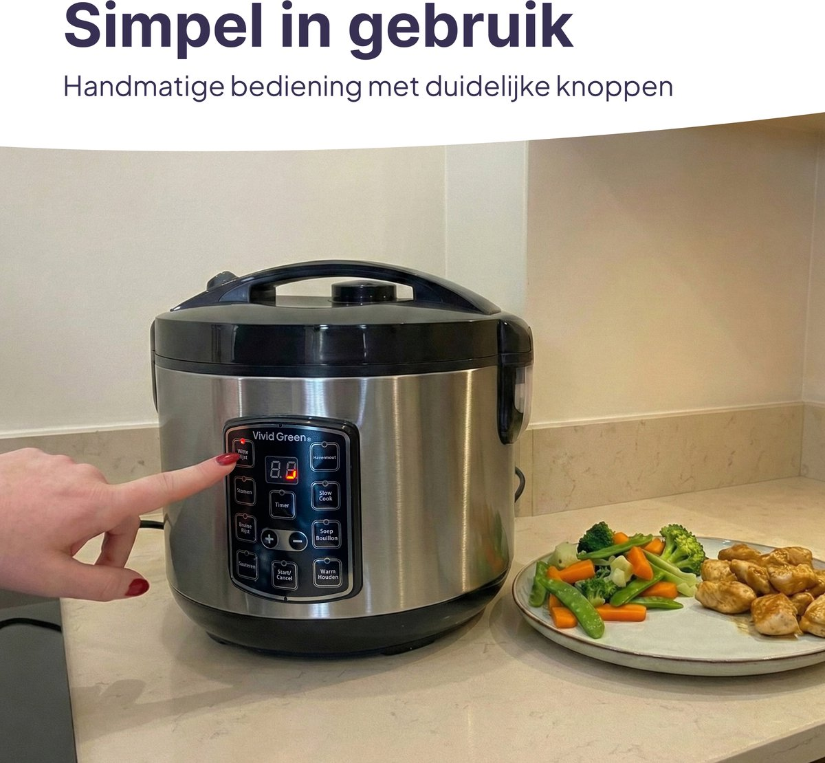 A rice cooker with control panel and a plate of chicken and vegetables.