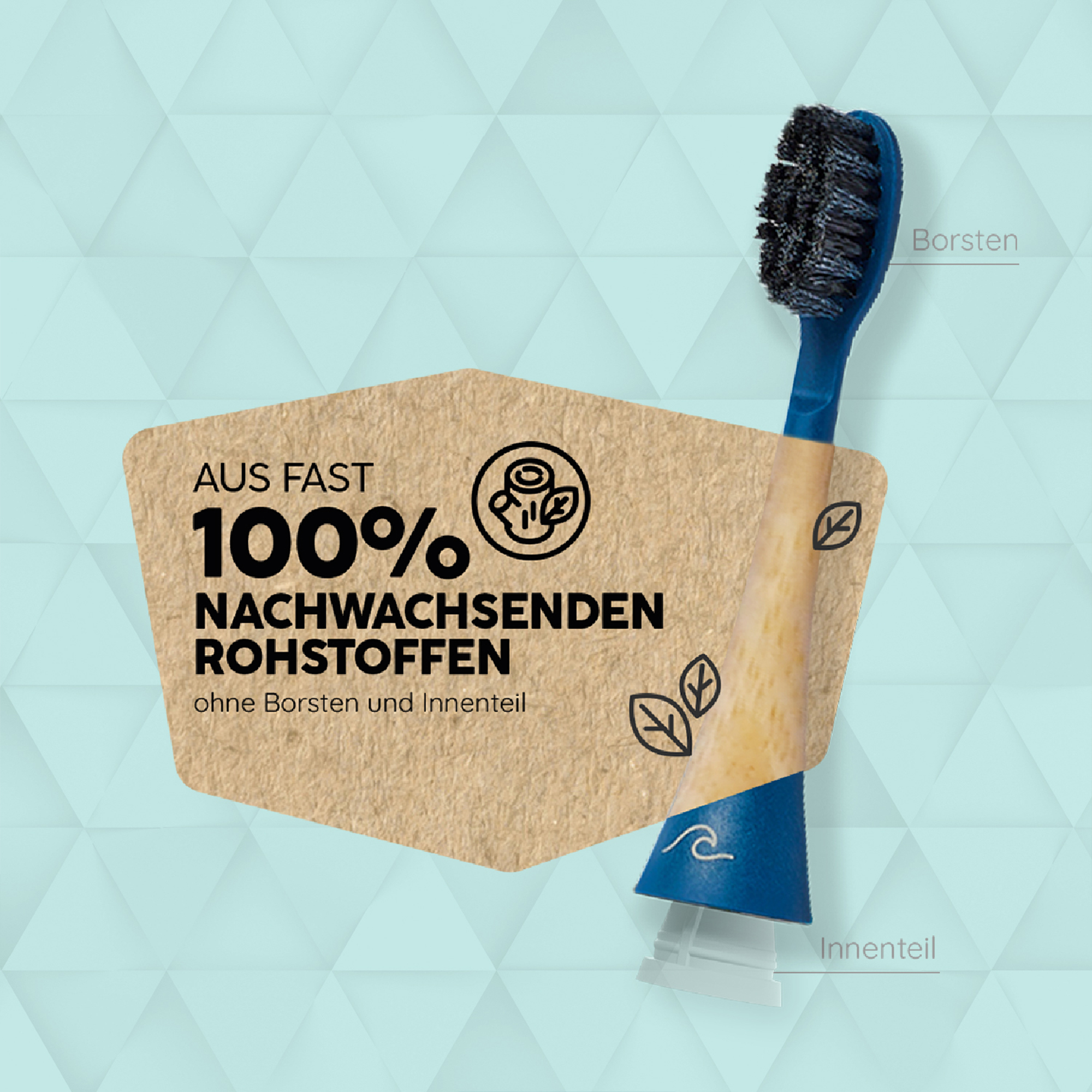 Blaue Zahnbürstenkopf mit schwarzen Borsten. Text sagt 100% nachwachsende Rohstoffe.