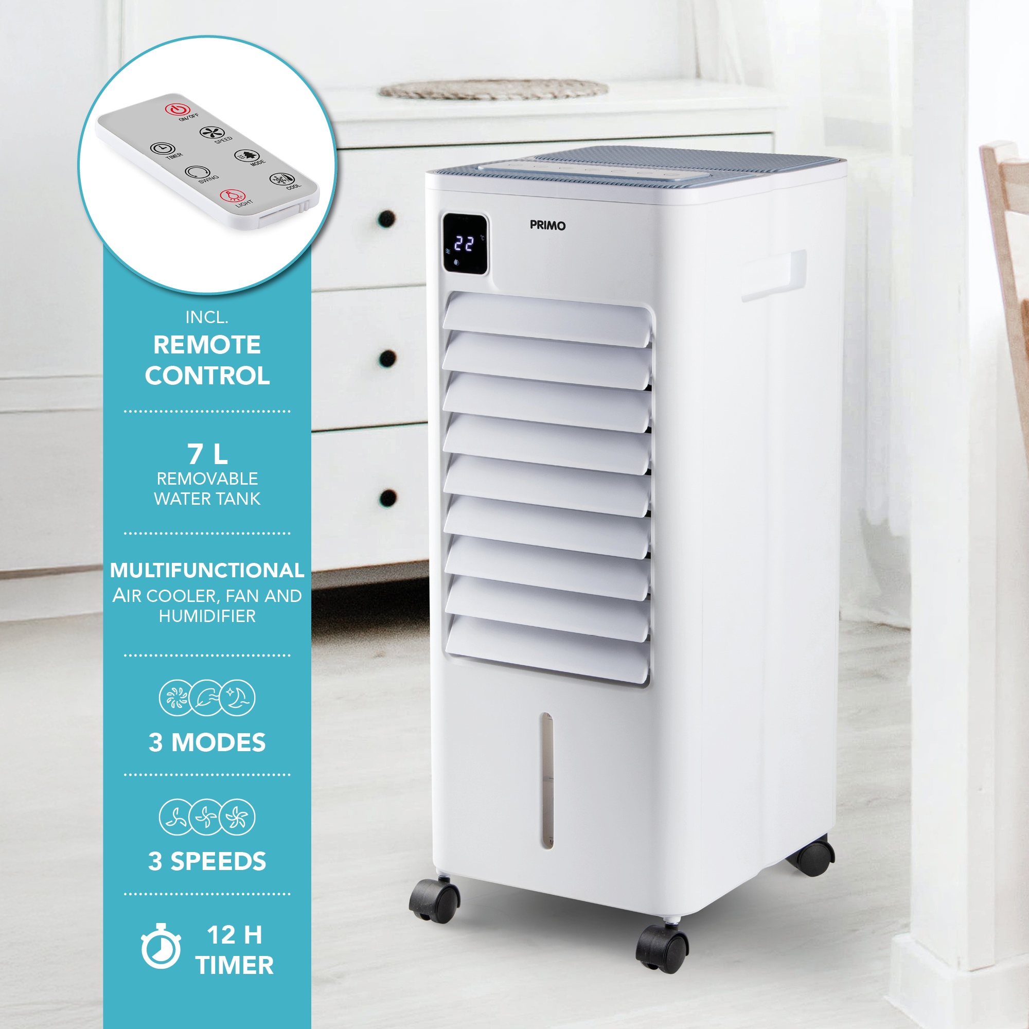 Un refroidisseur d'air Primo blanc avec télécommande, réservoir 7L, 3 modes, 3 vitesses.