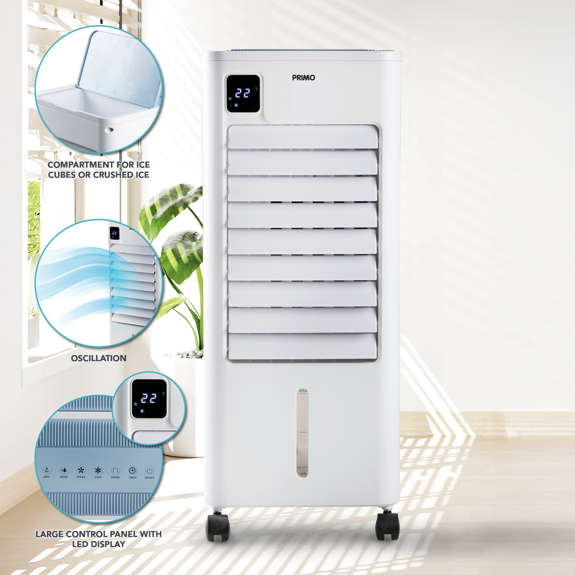Un refroidisseur d'air Primo blanc avec compartiment à glace et écran LED.