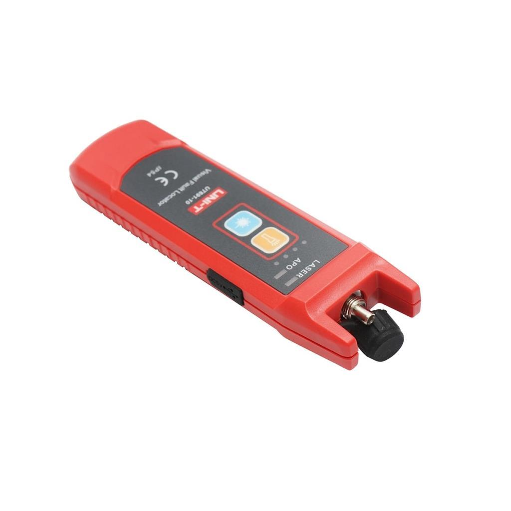 Üzerinde 'UNI-T' ve 'Visual Fault Locator' yazıları bulunan kırmızı ve siyah bir alet.