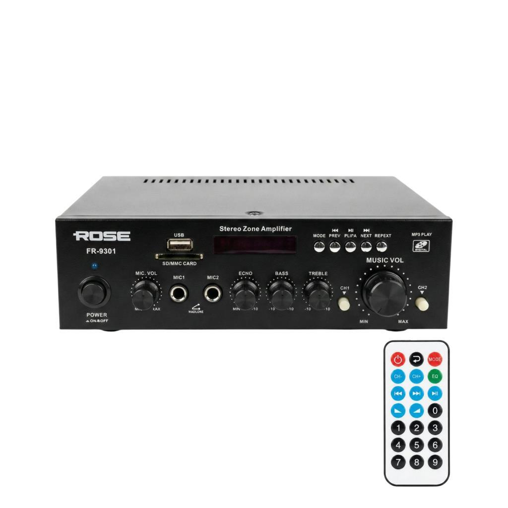 Kontrolleri ve uzaktan kumandası olan siyah stereo bölge amplifikatörü.