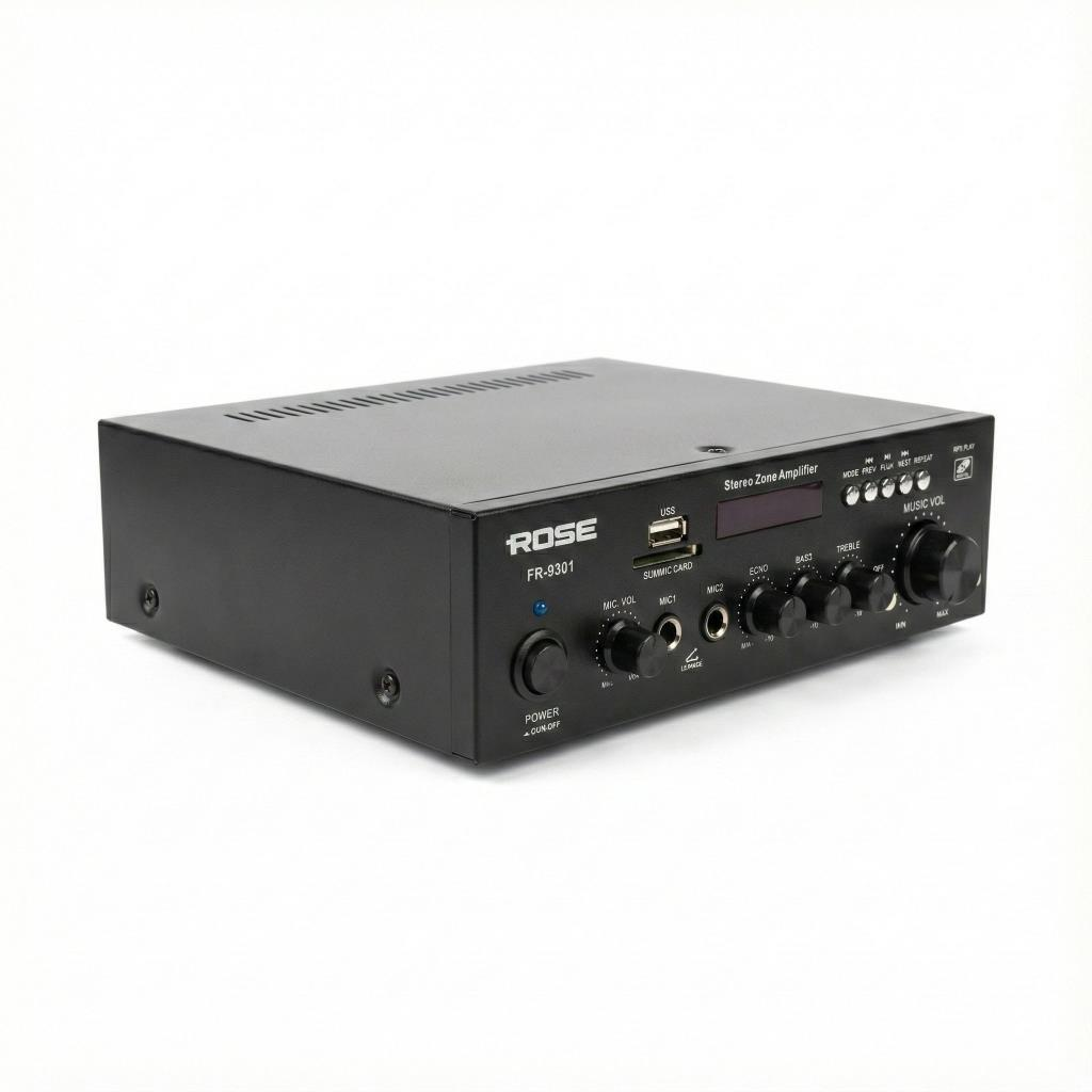 Siyah stereo bölge amplifikatörü, ses, bas, tiz ve mikrofon düğmeleriyle.