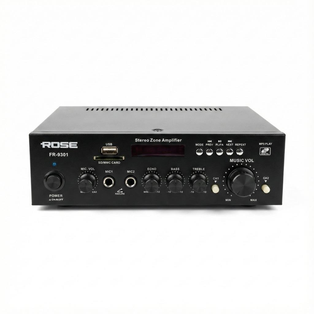 Ön panelinde kontroller ve bağlantı noktaları bulunan siyah bir stereo bölge amplifikatörü.