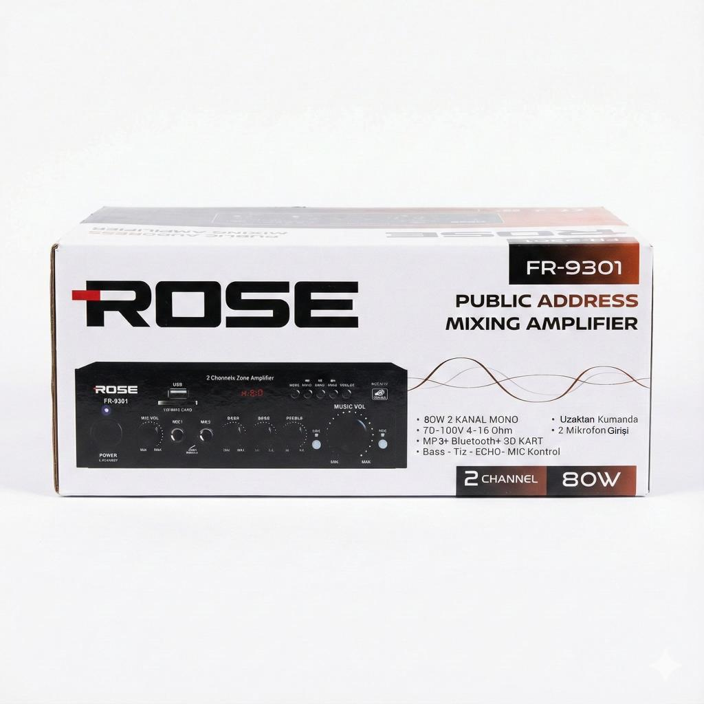 ROSE FR-9301 2 Kanallı 80W Mikser Amfi, ön panel kontrolleri ve ekranı.