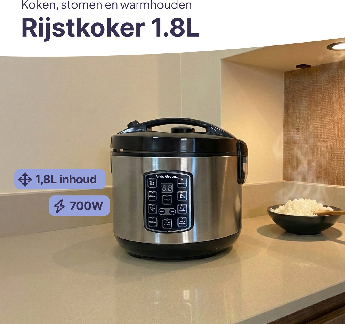 Stainless steel rice cooker with control panel and digital display, next to a bowl of rice.
