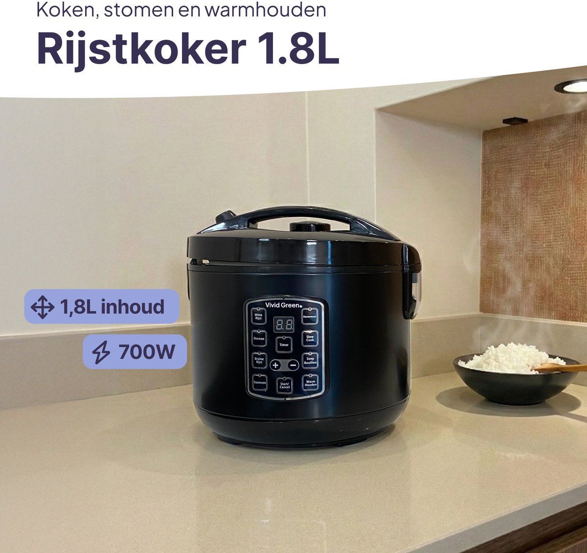 Black rice cooker with 1.8L capacity and 700W power on a countertop.
