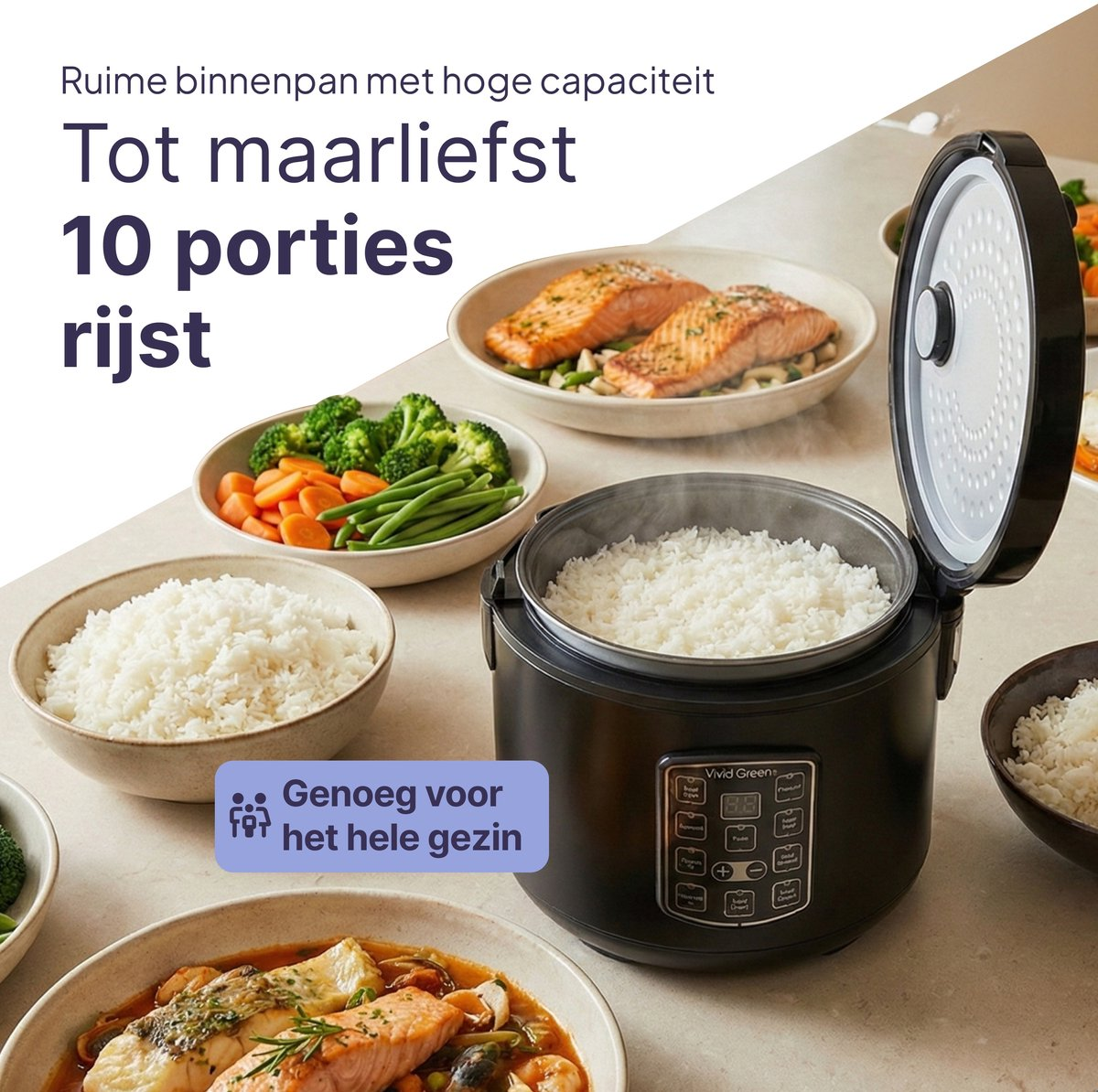 A black rice cooker with steamed rice, served with salmon, broccoli, and carrots.
