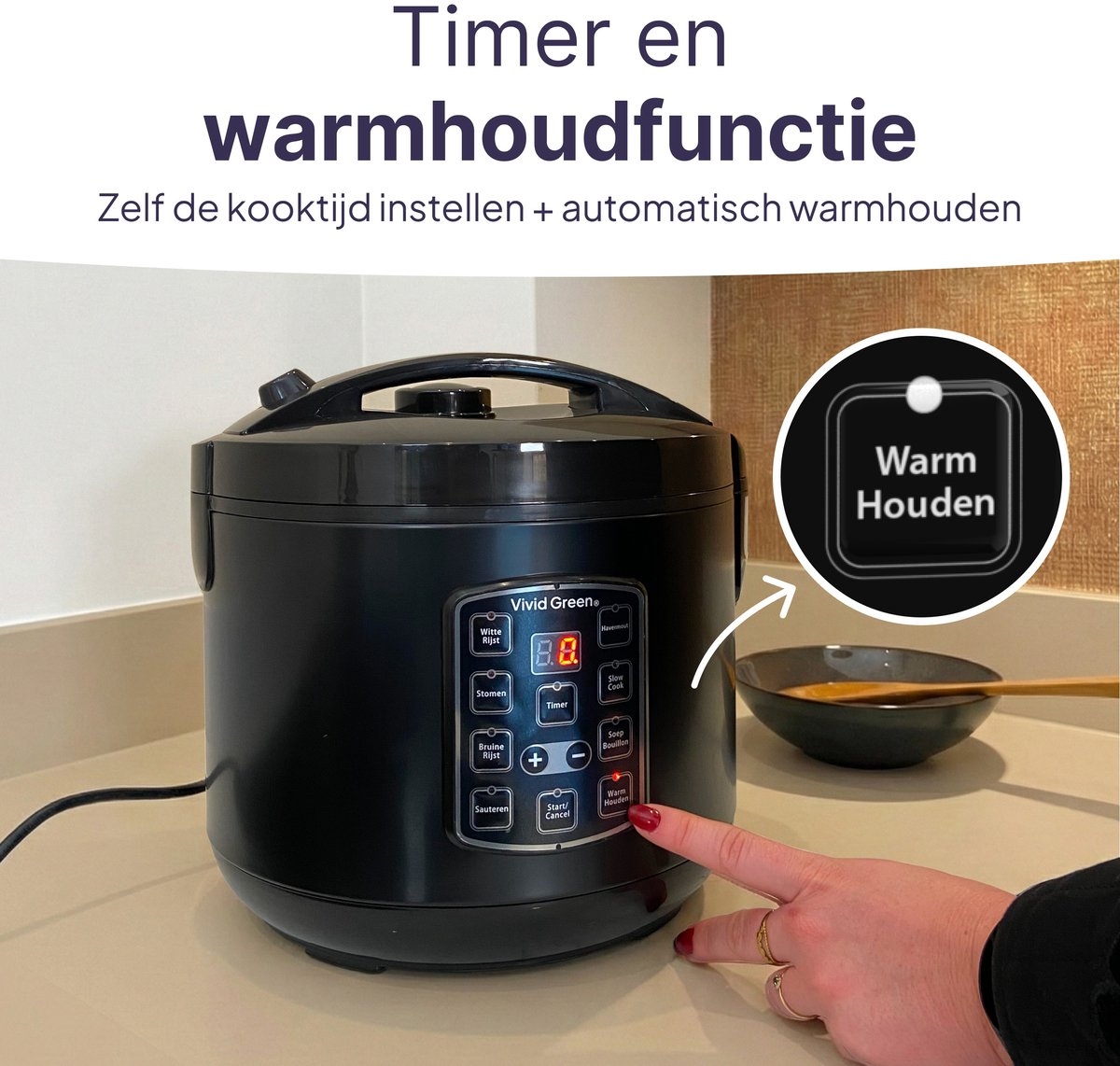 Black rice cooker with control panel. A hand presses the 'Keep Warm' button.