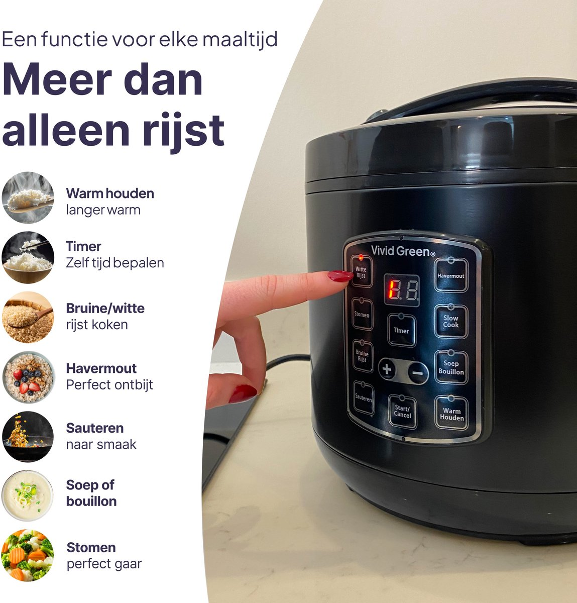A person presses the 'White Rice' button on the control panel of a black rice cooker.