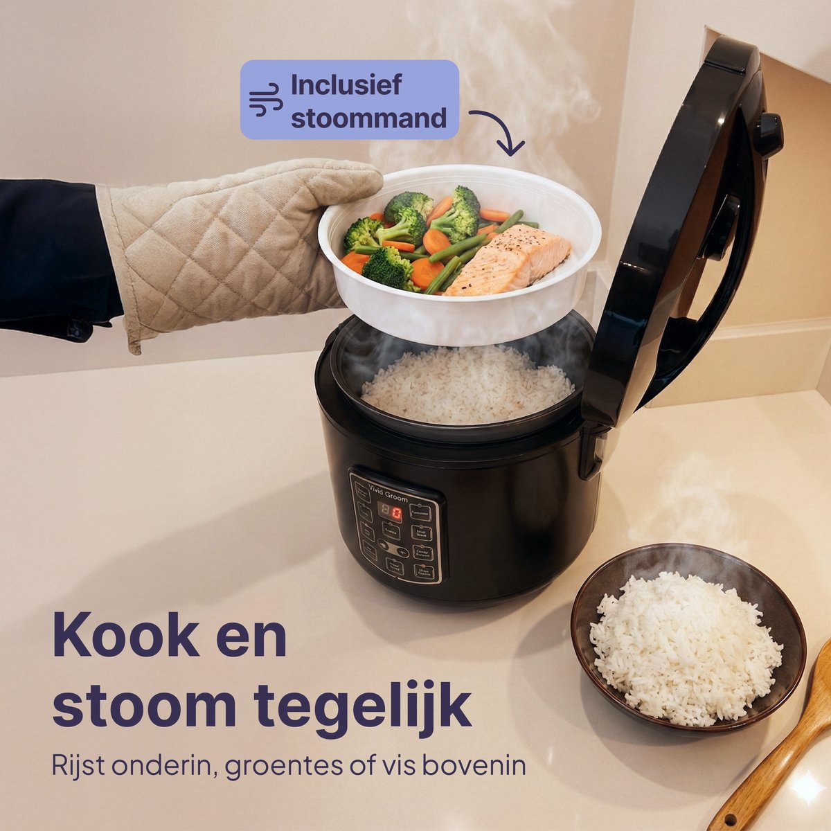 A rice cooker with rice, and above it, a bowl with fish and vegetables.