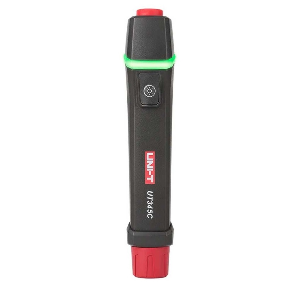 Kırmızı üst ve alt kapaklı siyah test cihazı. Yeşil LED ışık şeridi.
