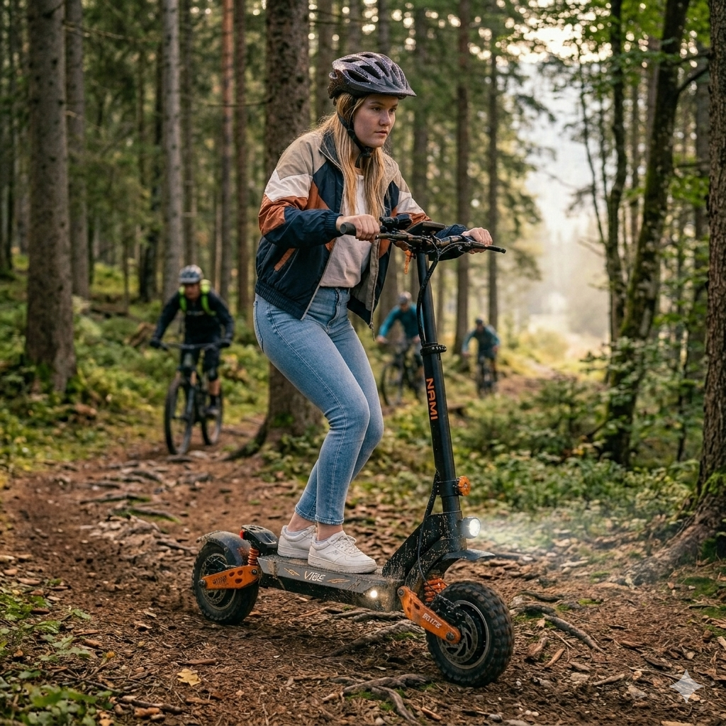 Giovane donna su scooter elettrico in foresta, ciclisti sullo sfondo.