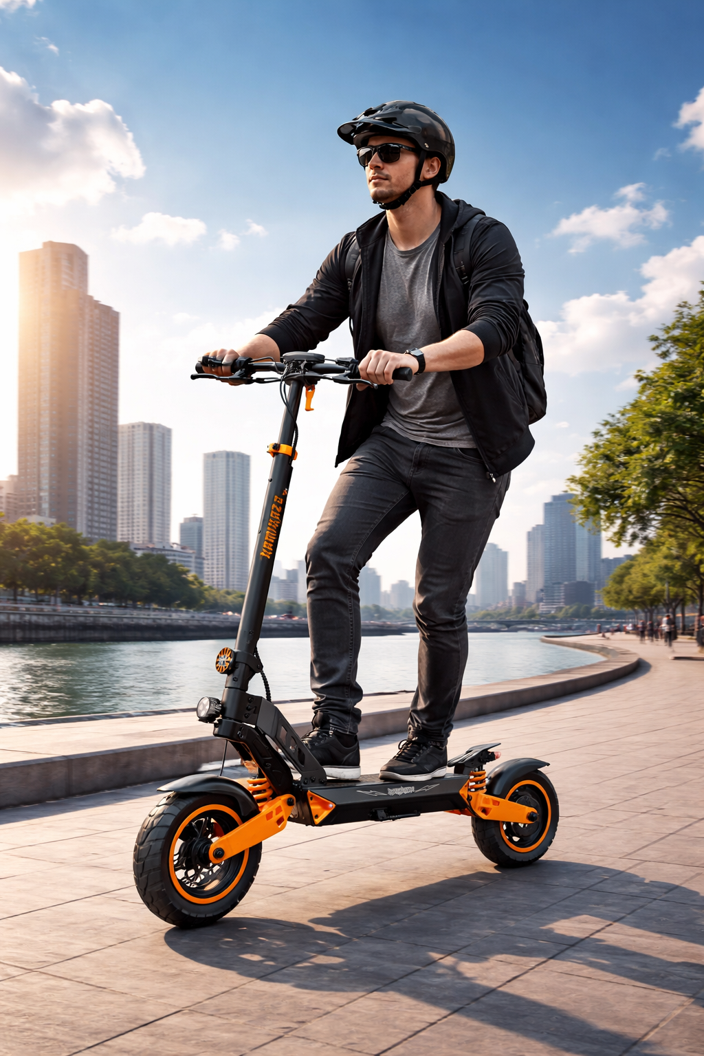 Uomo guida e-scooter vicino all'acqua con skyline cittadino.