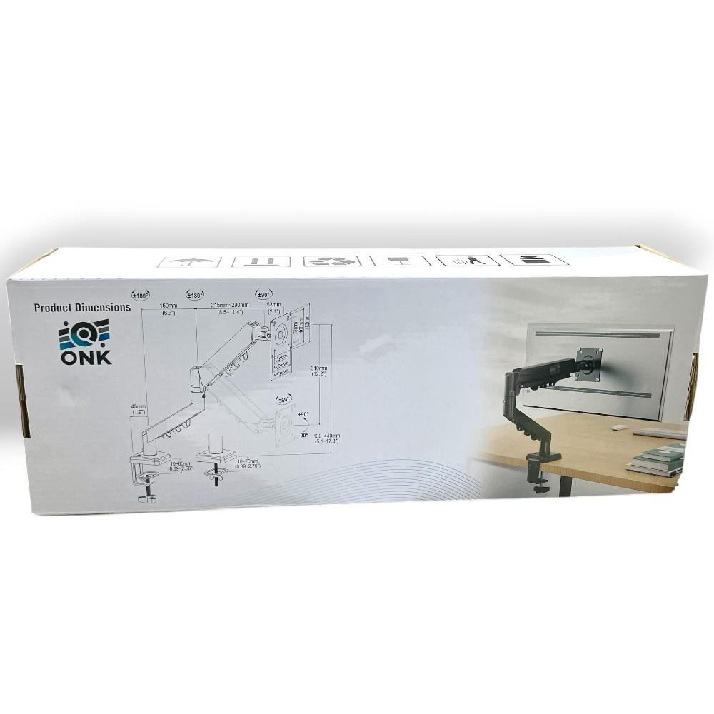 Monitör kolu ürün kutusu, boyutları ve masadaki kolun resmini gösteriyor.