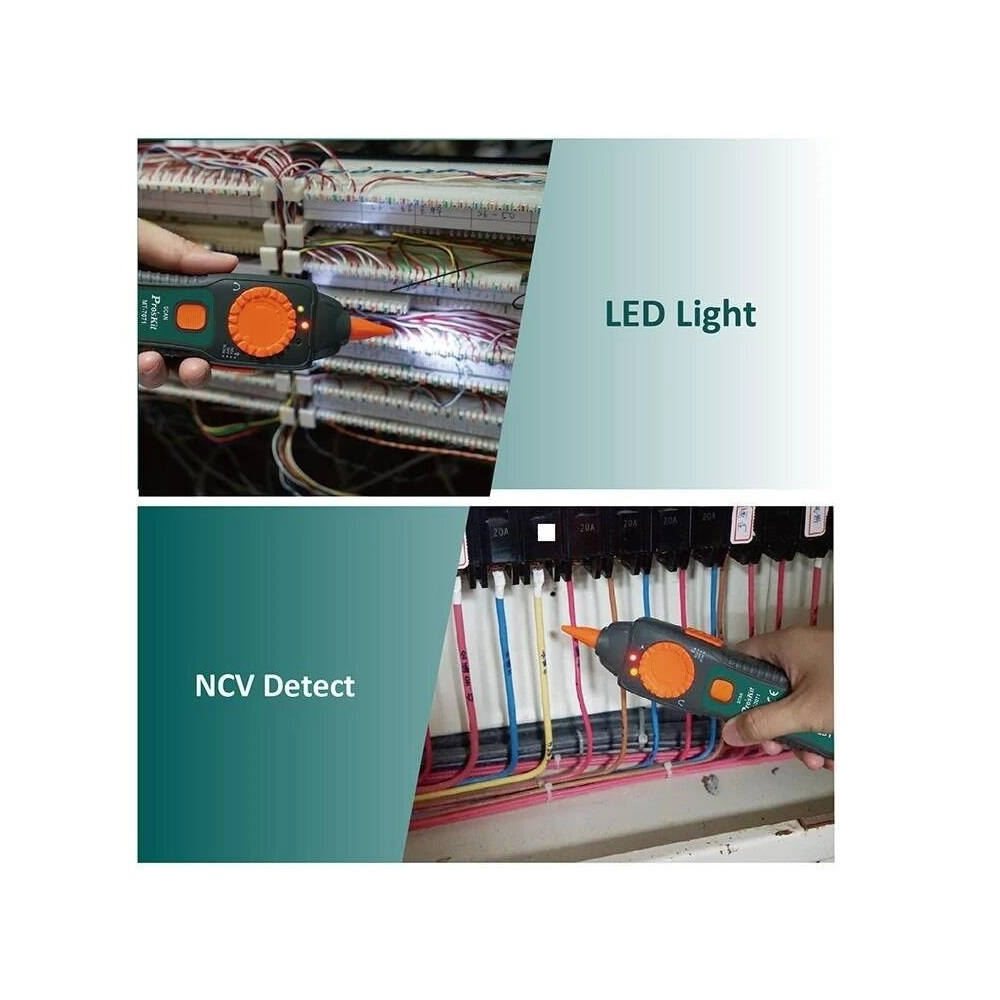 LED ışık ve NCV algılama için teller üzerinde kullanılan turuncu detaylı yeşil bir alet.