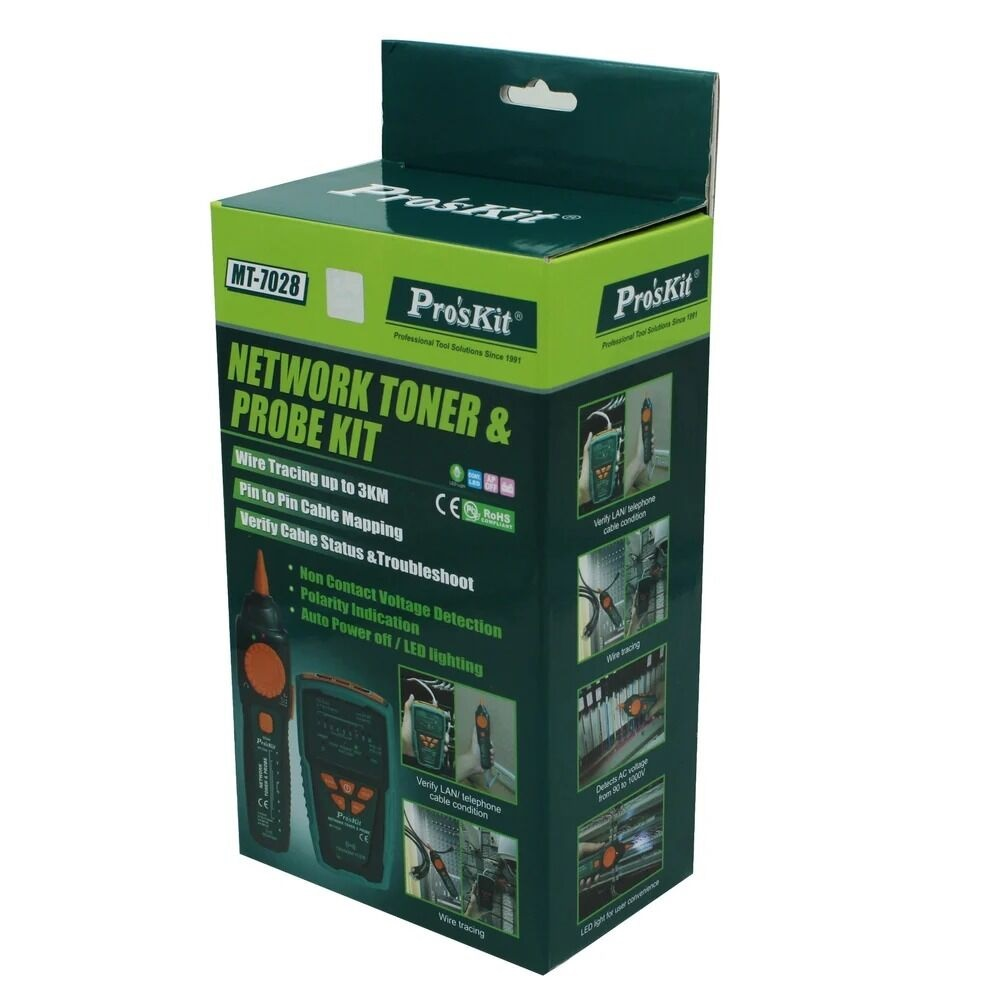 Pro'sKit Network Toner & Probe Kit MT-7028 kutusu. Aletleri ve özellikleri gösterir.