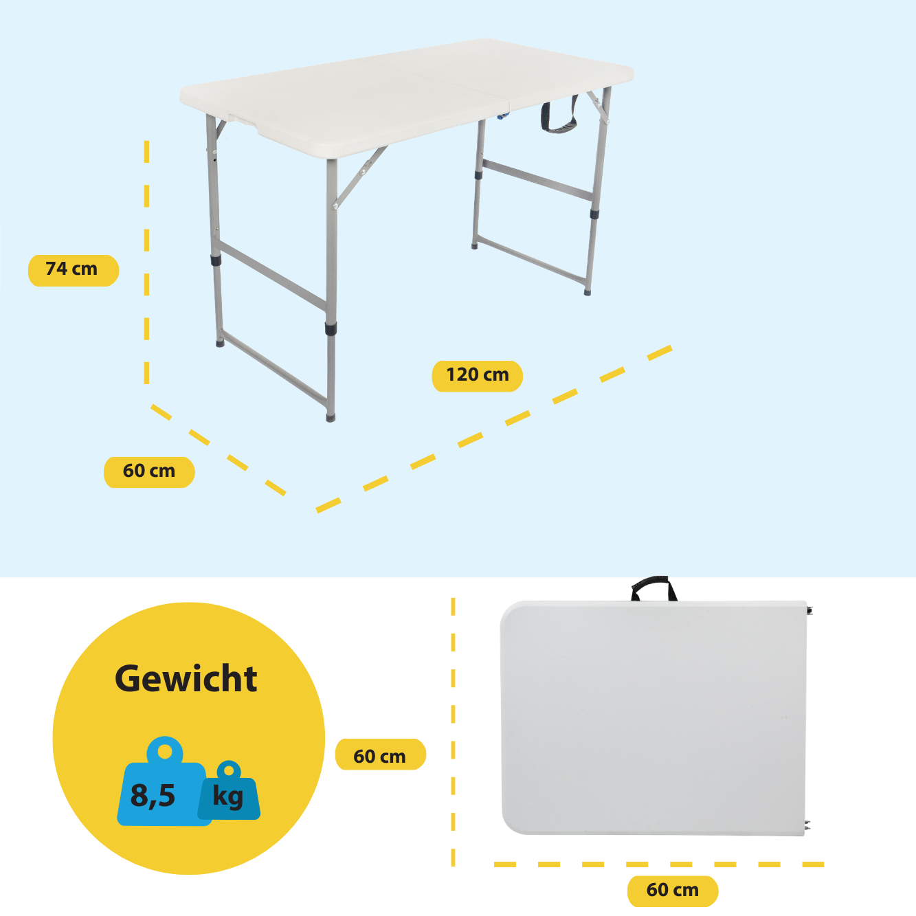 Witte klaptafel, 120x60x74cm, 8,5kg. Ingeklapt 60x60cm.